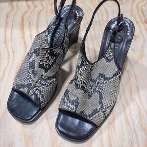 Prevata brown snakeskin leather slingback sandals from the 1990's.